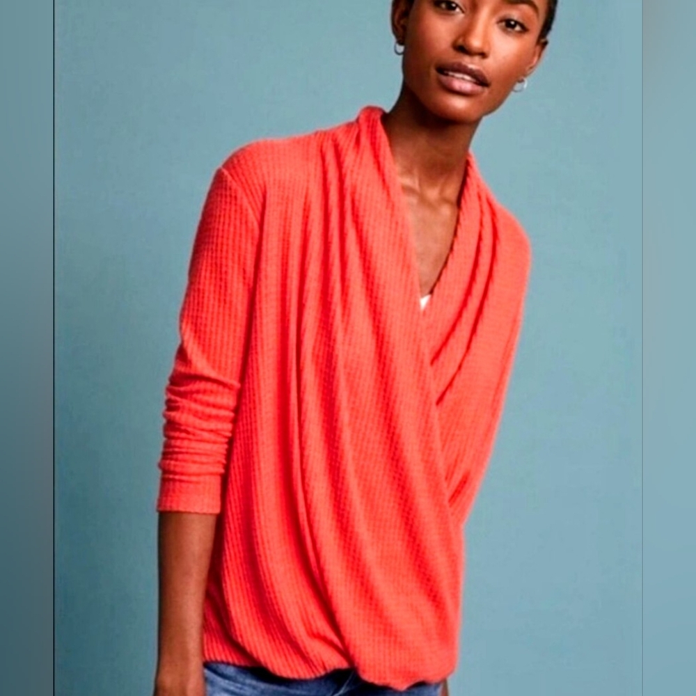 Anthropologie Orange Waffle Knit Crossbody Wrap Sweater Sz S
